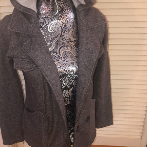 Billabong Gray Zip Up Cotton Moto  Jacket Peacoat Button Detail Fleece inside. - Picture 7 of 17